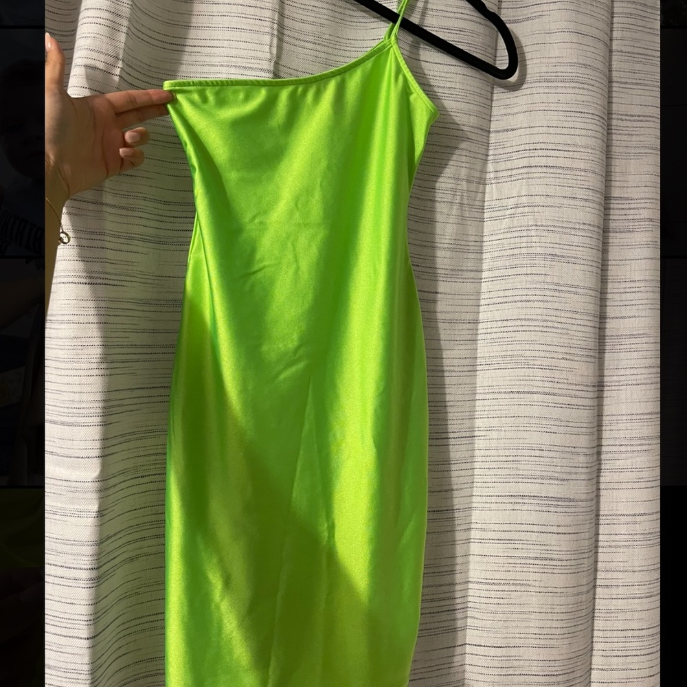 Neon green one shoulder mini dress